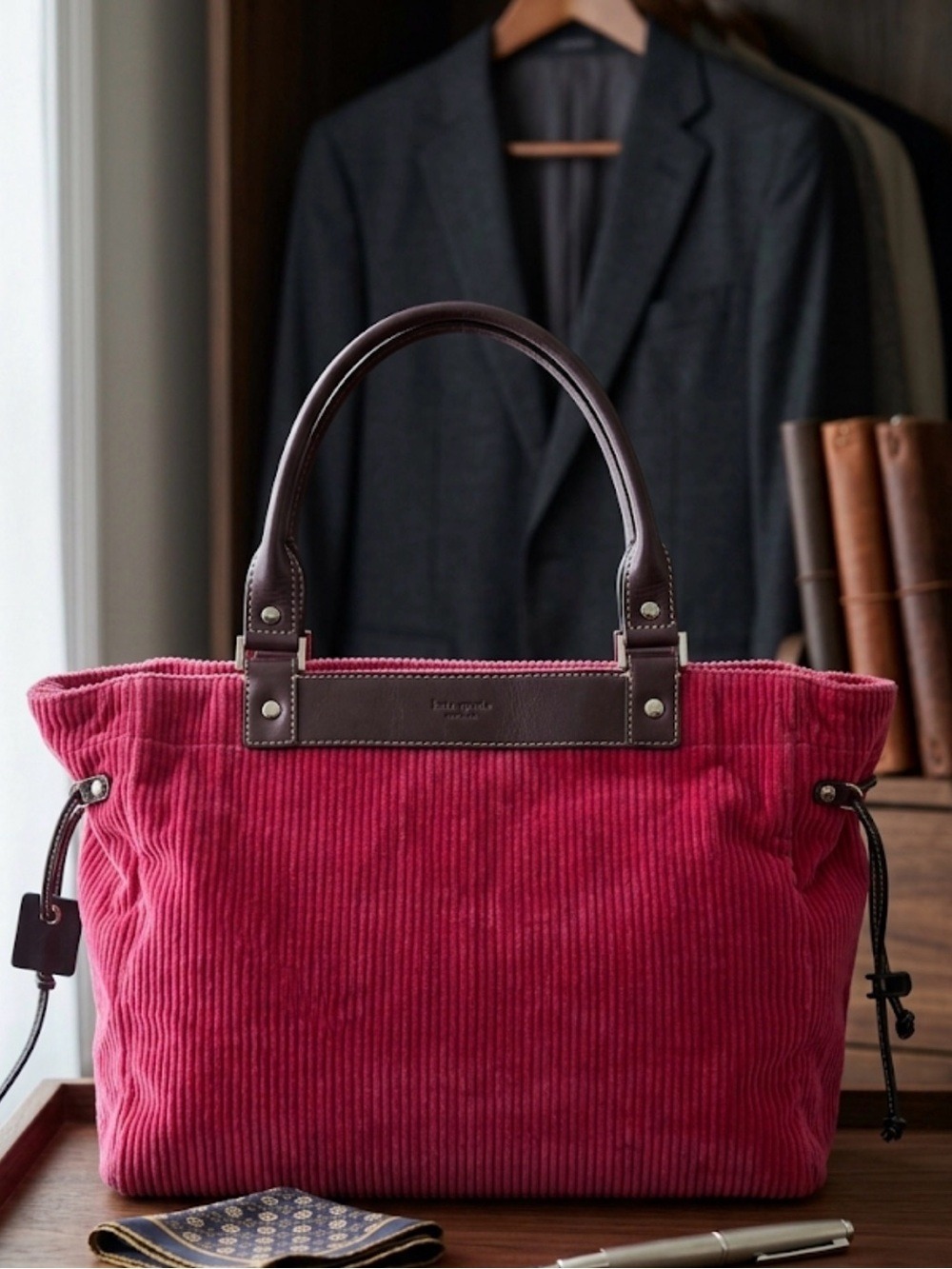 kate spade Hot Pink Corduroy Tote with Black Leather Handles